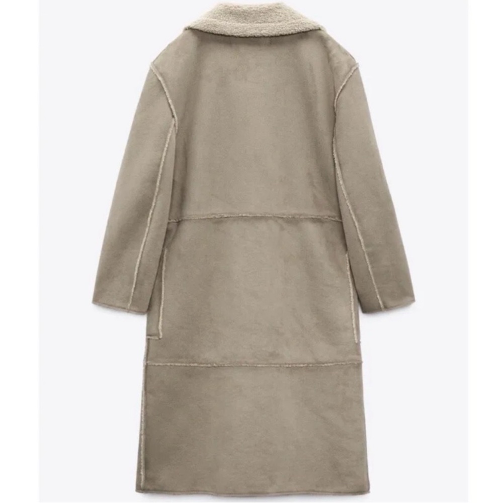 ZARA Contrasting Fleece Suede Long Coat Size Large - Picture 3 of 14